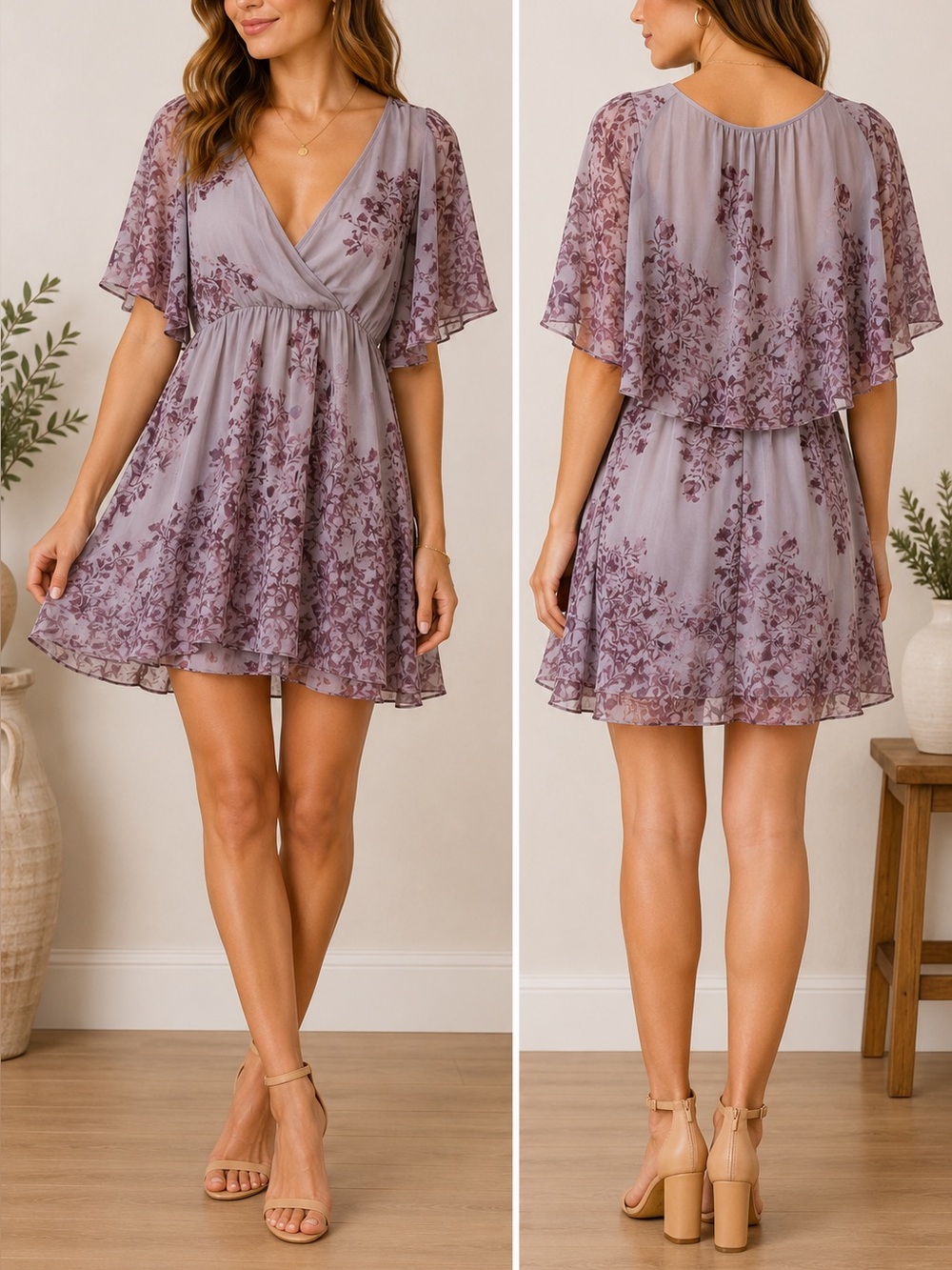 Free People Lavender Floral Chiffon Mini Dress | Flutter Sleeve